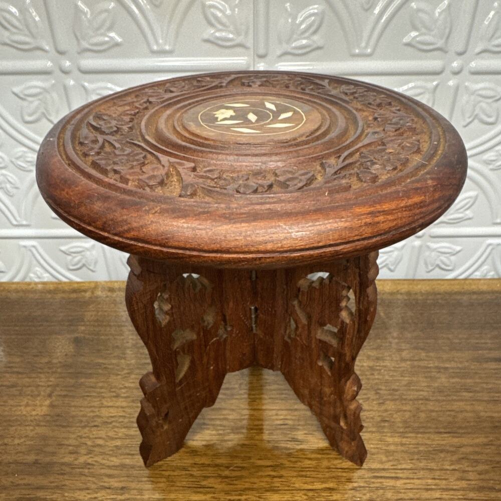 Vintage Carved India Teak Wood Tripod 7.5” Small Table Pedestal Display Inlay
